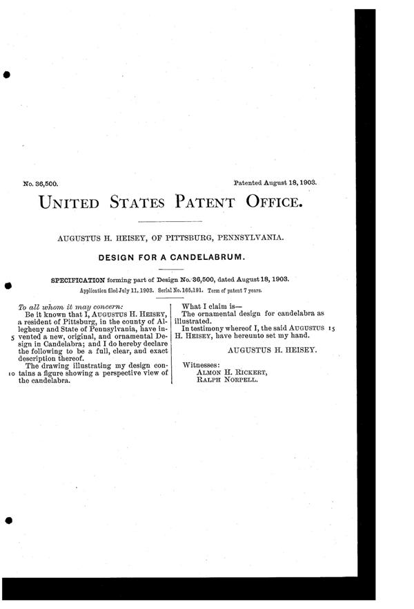 Heisey # 300 Old Williamsburg Candelabrum Design Patent D 36500-2