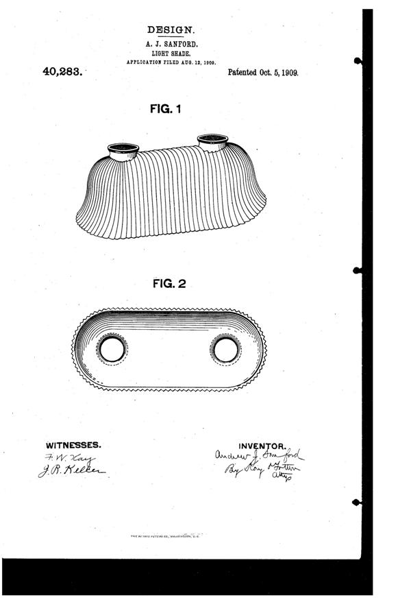 Heisey Light Fixture Shade Design Patent D 40283-1