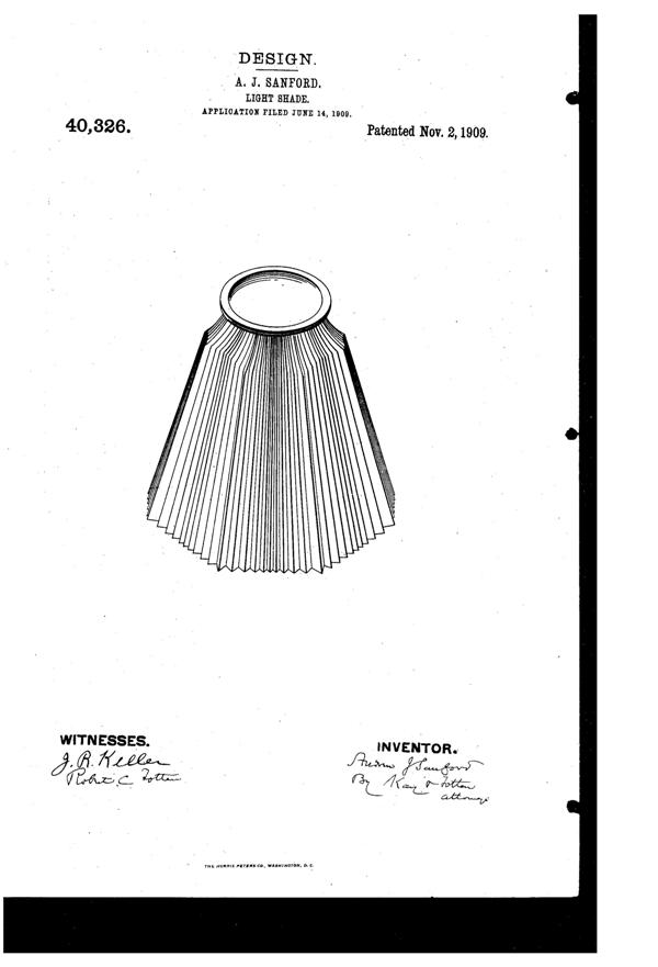 Heisey Light Fixture Shade Design Patent D 40326-1