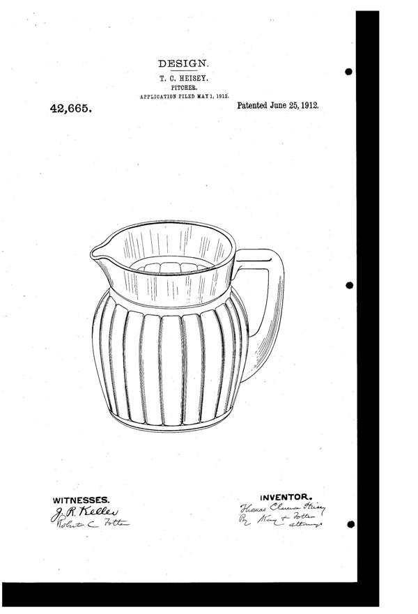 Heisey # 393 Narrow Flute Jug Design Patent D 42665-1