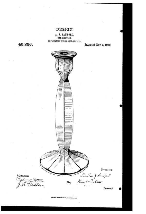 Heisey #  29 Sanford Candlestick Design Patent D 43236-1