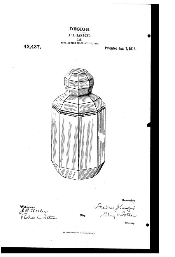Heisey # 429 Plain Panel Recess Jar Design Patent D 43437-1