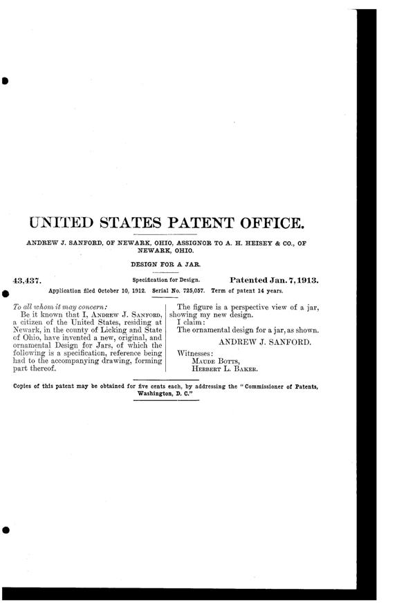 Heisey # 429 Plain Panel Recess Jar Design Patent D 43437-2