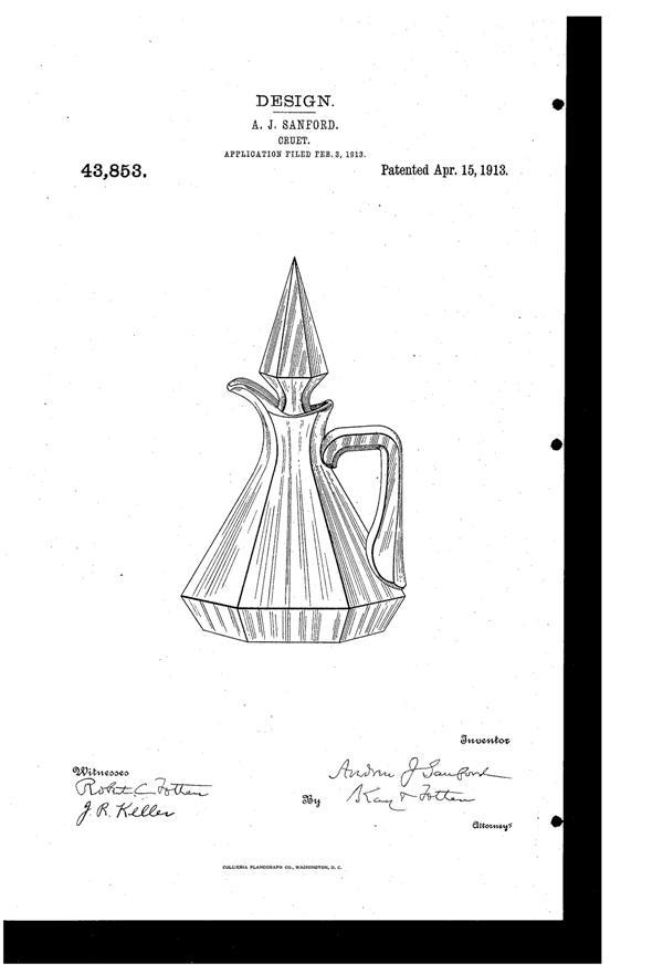 Heisey # 429 Plain Panel Recess Cruet Design Patent D 43853-1