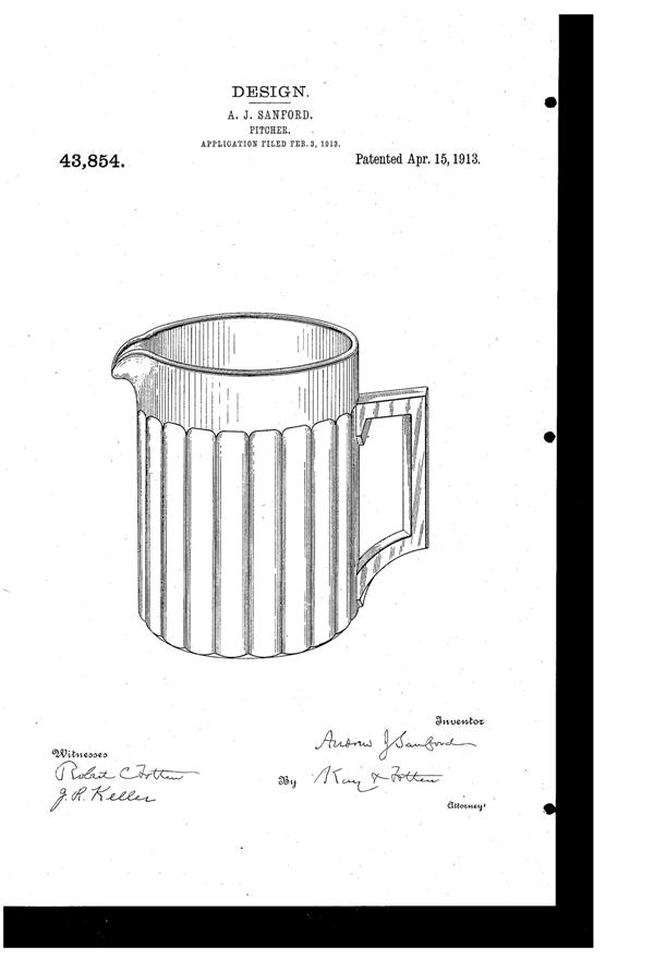 Heisey # 393 Narrow Flute Jug Design Patent D 43854-1