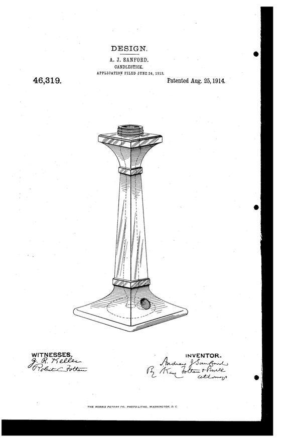 Heisey #  21 Aristocrat Electro-Portable Candlestick Design Patent D 46319-1