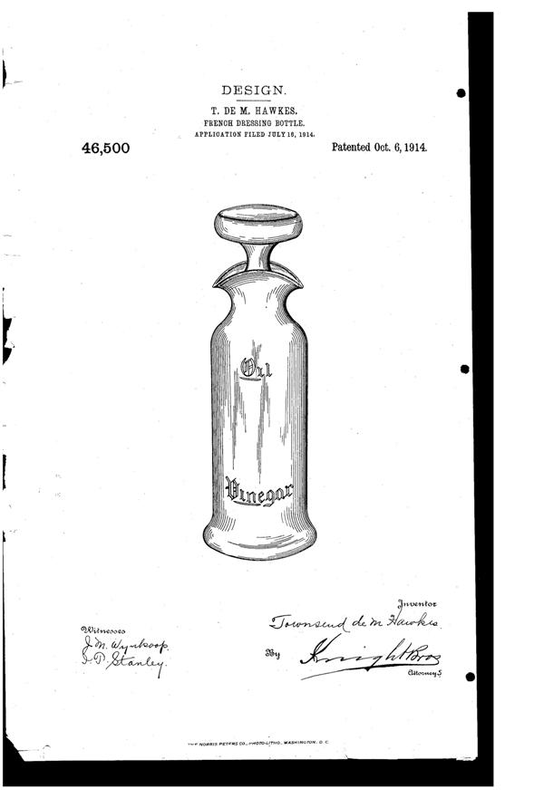 Heisey #5031 Oil & Vinegar Bottle Design Patent D 46500-1