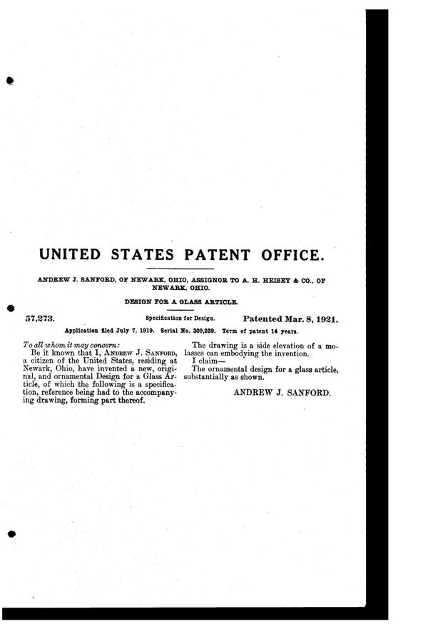 Heisey Jug Design Patent D 57273-2