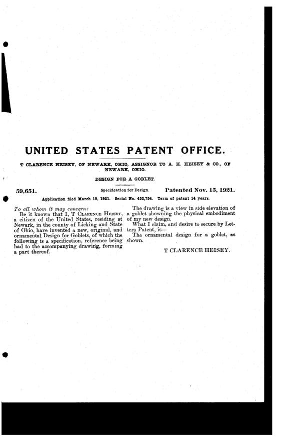 Heisey #3345 Mary 'n' Virg Goblet Design Patent D 59651-2
