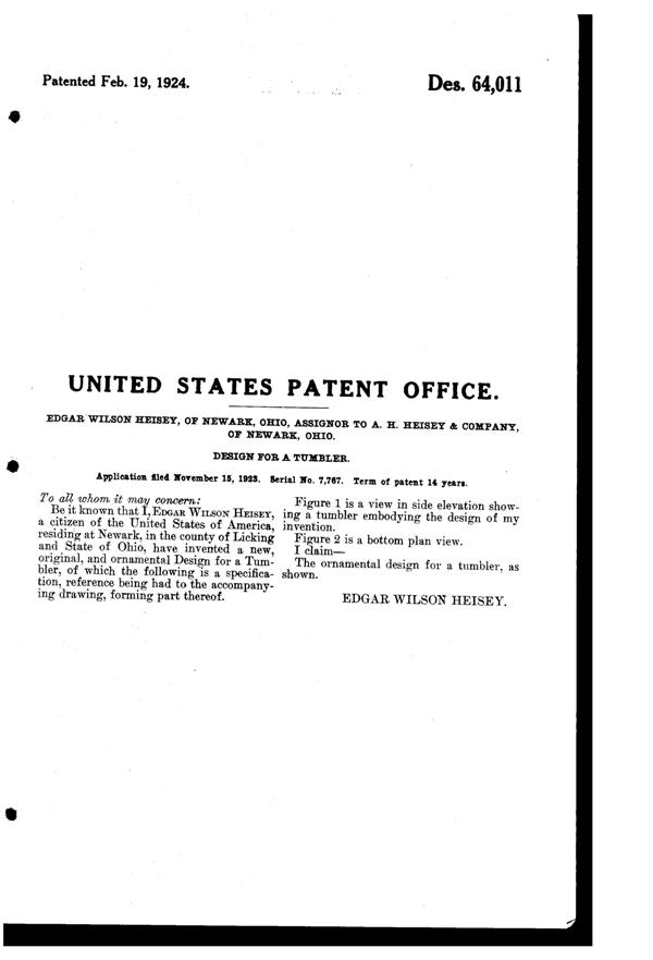 Heisey # 417 Double Rib & Panel Tumbler Design Patent D 64011-2