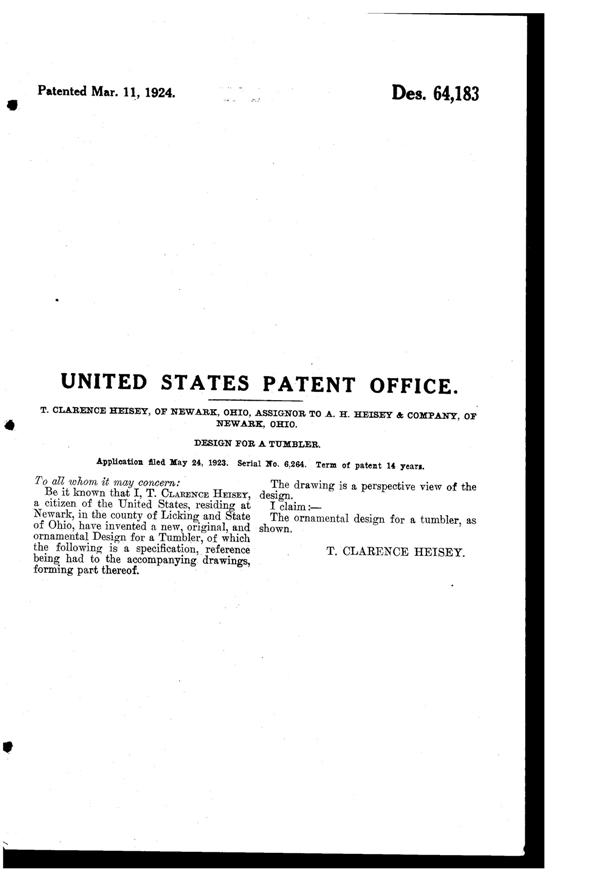 Heisey # 411 Tudor Tumbler Design Patent D 64183-2