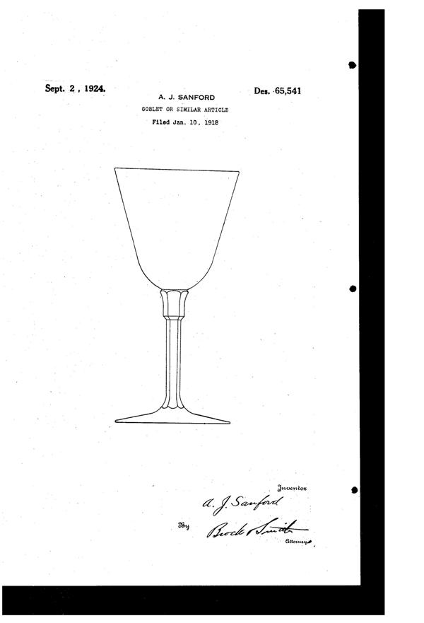 Heisey #3334 Sexton Goblet Design Patent D 65541-1