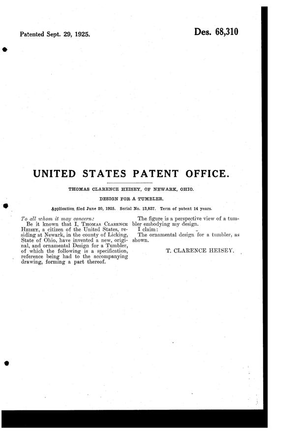 Heisey #3480 Koors Footed Tumbler Design Patent D 68310-2