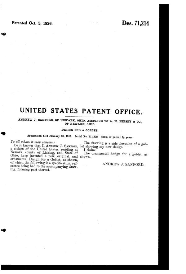 Heisey #3332 Six Side Goblet Design Patent D 71214-2
