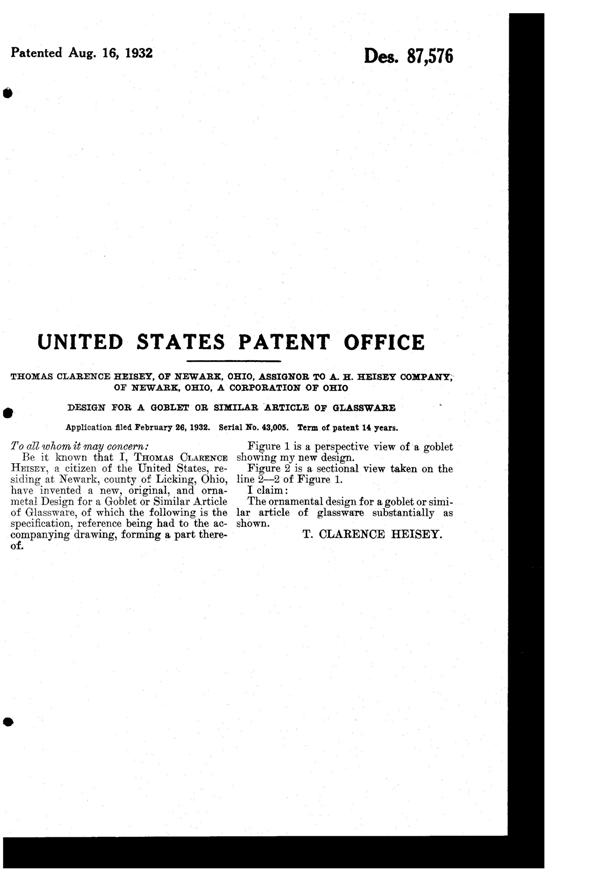 Heisey #3397 Gascony Footed Tumbler Design Patent D 87576-2