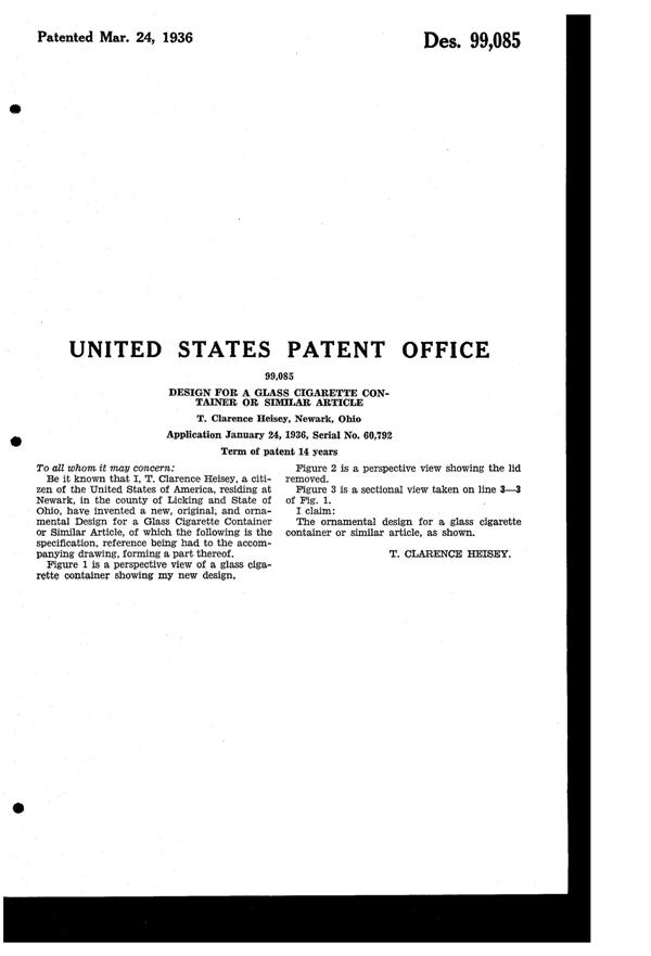 Heisey #1469 Ridgeleigh Cigarette Box Design Patent D 99085-2