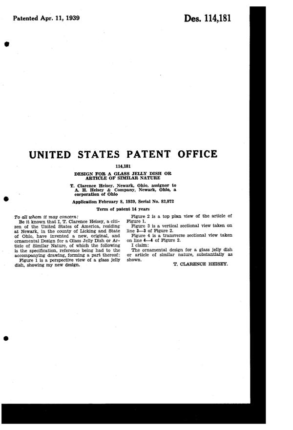 Heisey #1503 Crystolite Jelly Dish Design Patent D114181-2