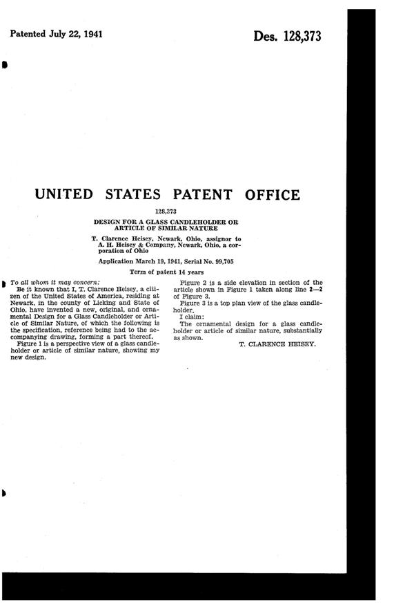 Heisey #1503¼ Crystolite Candlestick Design Patent D128373-2