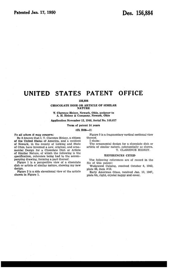 Heisey #1519 Waverly Chocolate Dish Design Patent D156884-2