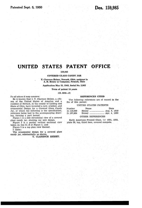 Heisey #1506 Whirlpool Candy Jar Design Patent D159985-2