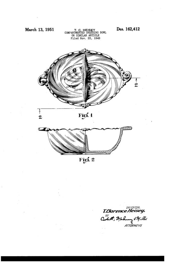 Heisey #1519 Waverly Divided Dressing Bowl Design Patent D162412-1