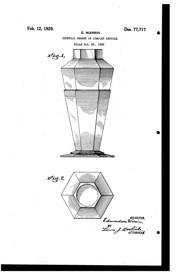 Edmonson Warrin Cocktail Shaker Design Patent D 77717-1