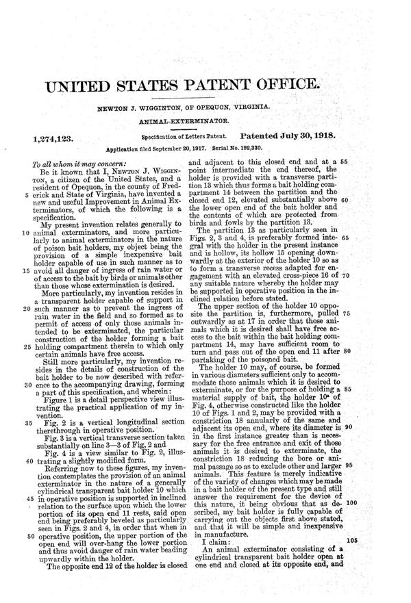 Wigginton Mousetrap Patent 1274123-2