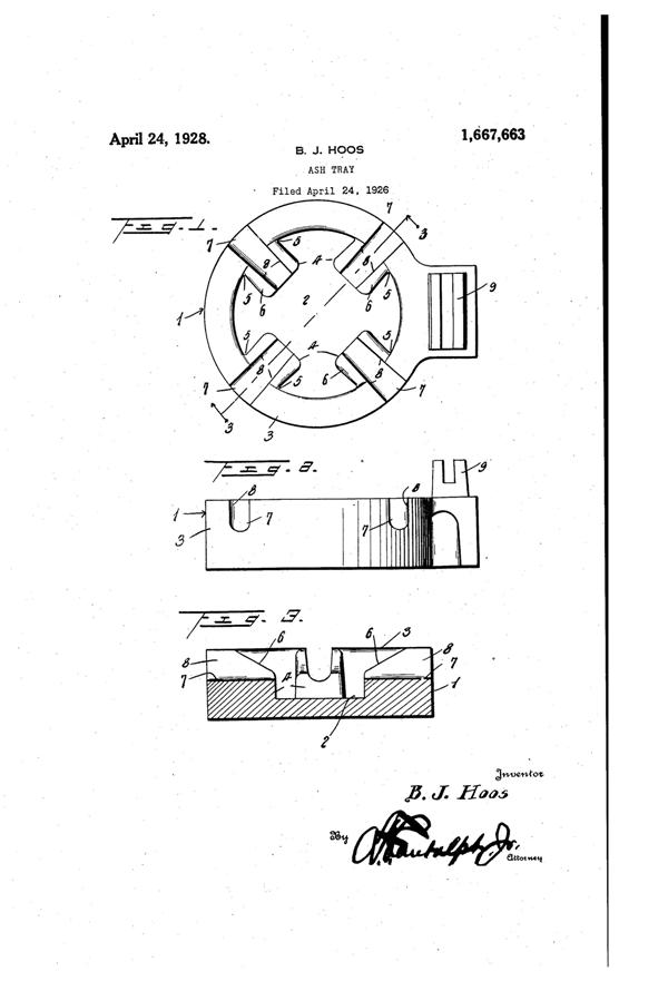 Hoos Ash Tray Patent 1667663-1