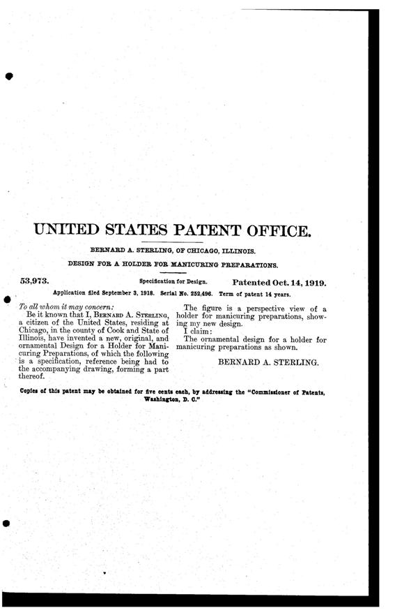 Sterling Manicuring Preparations Holder Design Patent D 53973-2