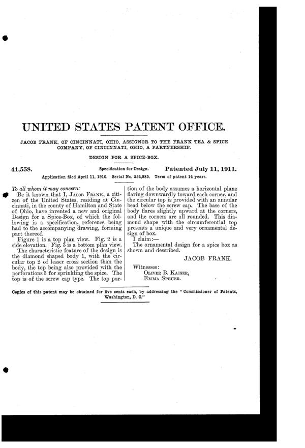 Frank Tea & Spice Shaker Design Patent D 41558-2