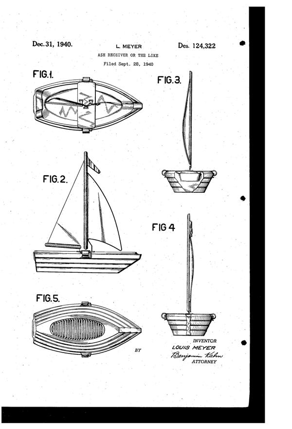 Meyer Sailboat Ash Tray Design Patent 124322-1