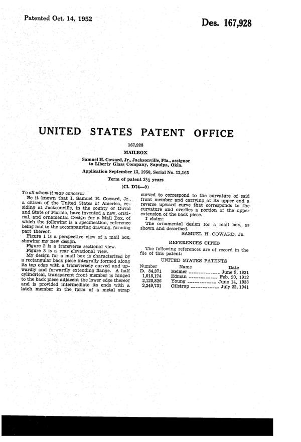Liberty Glass Mail Box Design Patent D167928-2