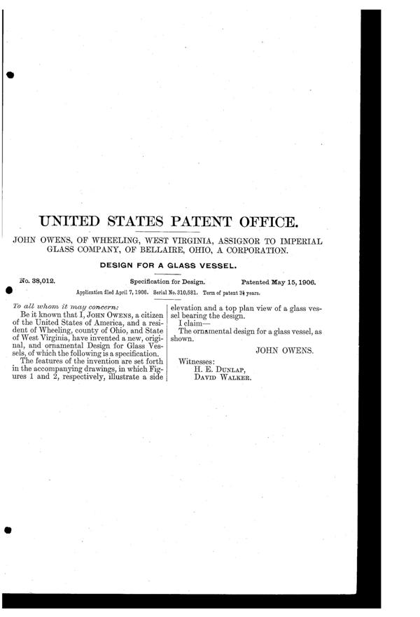 Imperial # 400 Crown Bowl Design Patent D 38012-2