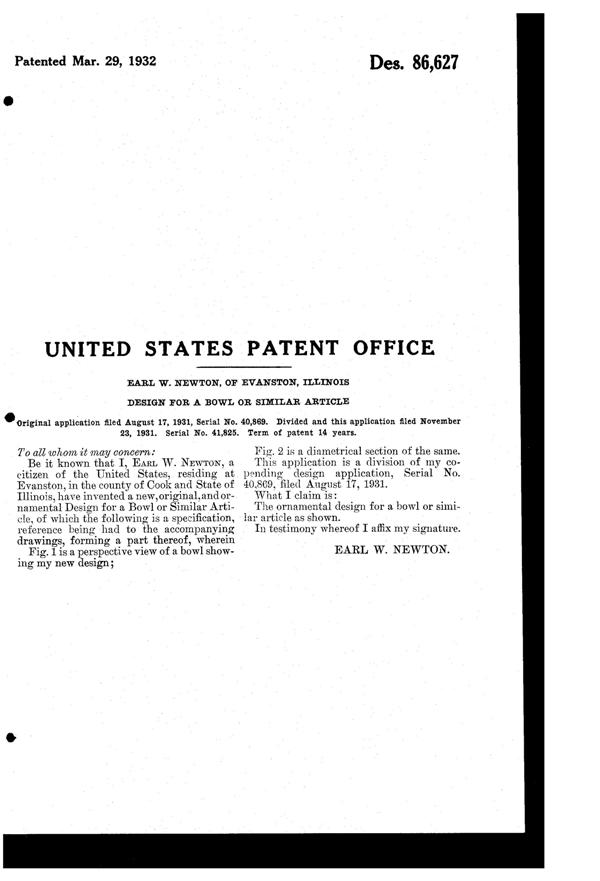Imperial # 160 Cape Cod Bowl Design Patent D 86627-2