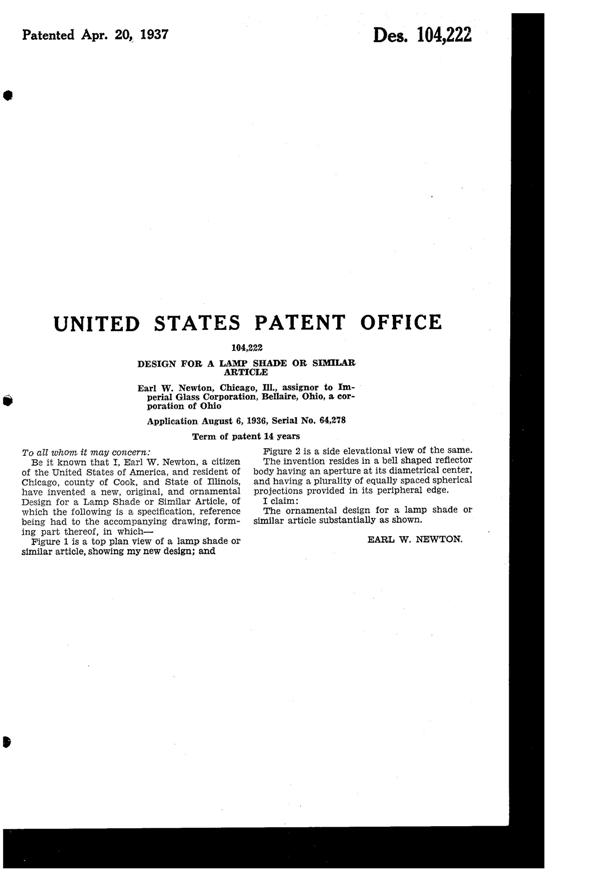 Imperial # 400 Candlewick Lampshade Design Patent D104222-2