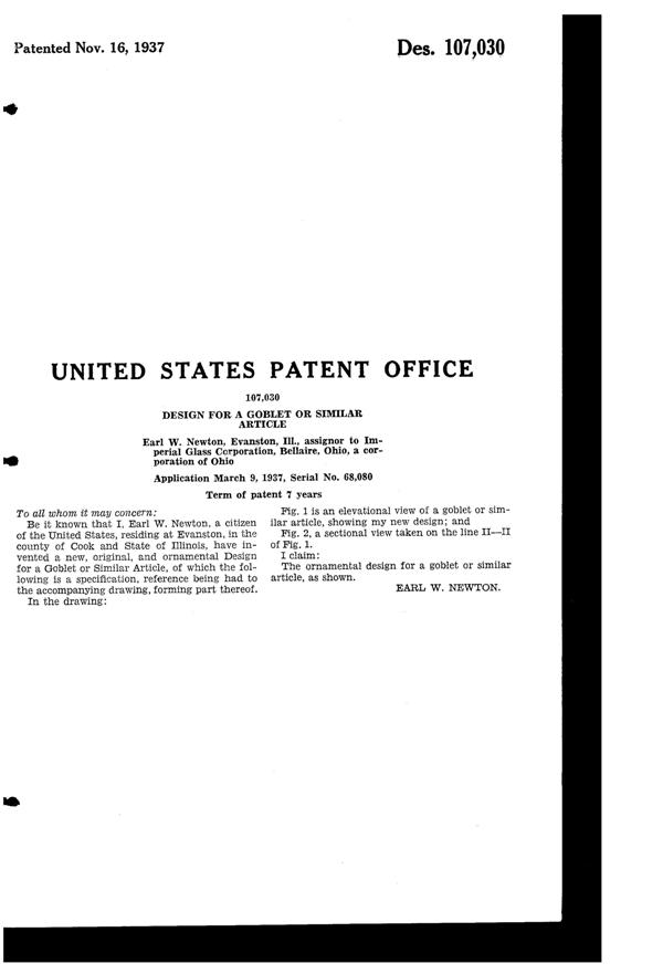 Imperial Palazzo Goblet Design Patent D107030-2