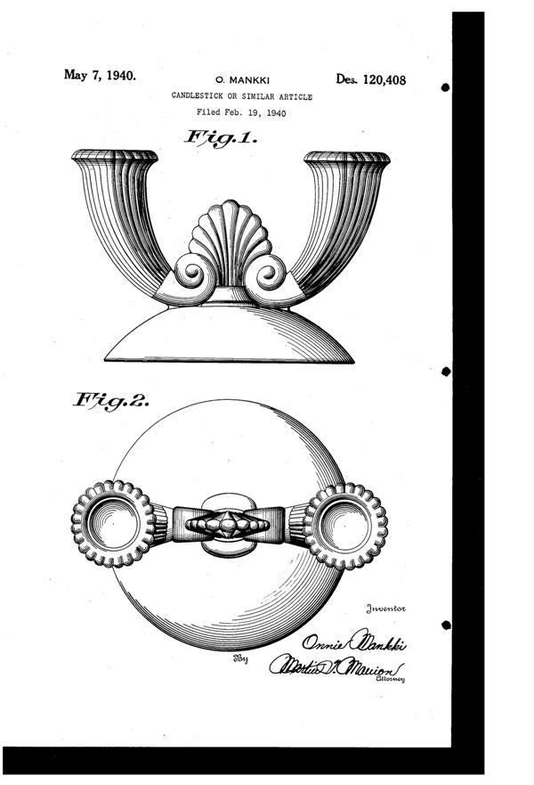 Imperial # 280 Crystal Shell/Corinthian/Tiara 2-Lite Candle Holder Design Patent D120408-1