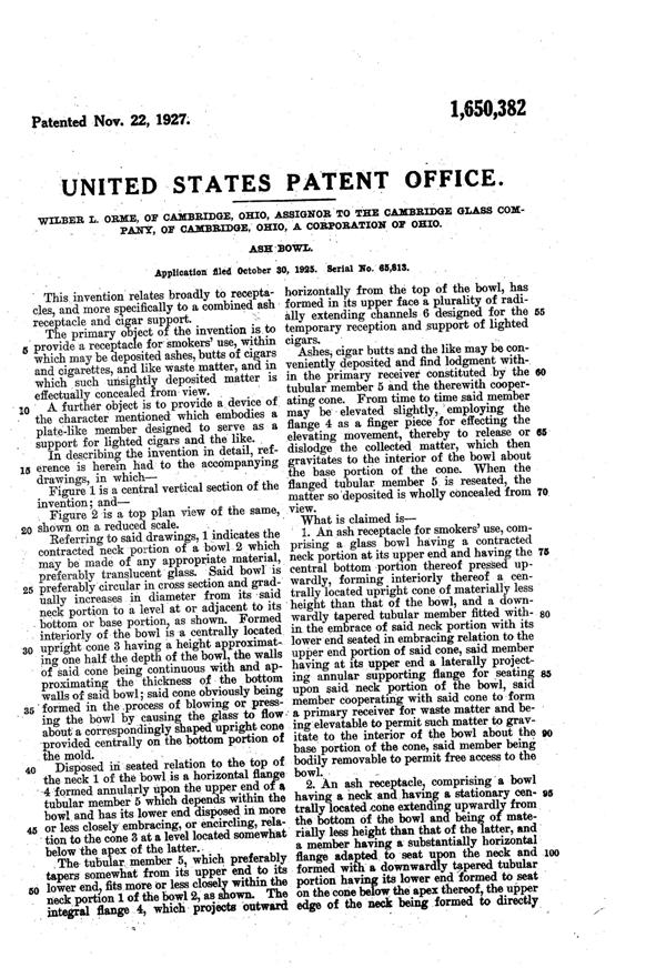 Cambridge # 643 Ash Tray Patent 1650382-2