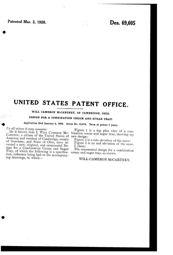 Cambridge # 819, # 837 Center Handled Cream & Sugar Tray Design Patent D 69605-2