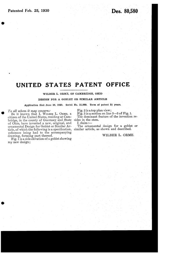 Cambridge Goblet Design Patent D 80580-2