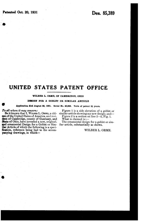 Cambridge #3126 Goblet Design Patent D 85389-2