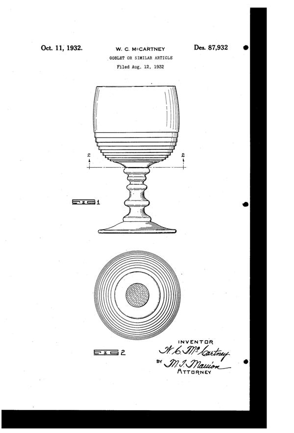 Cambridge #1402 Tally Ho Goblet Design Patent D 87932-1