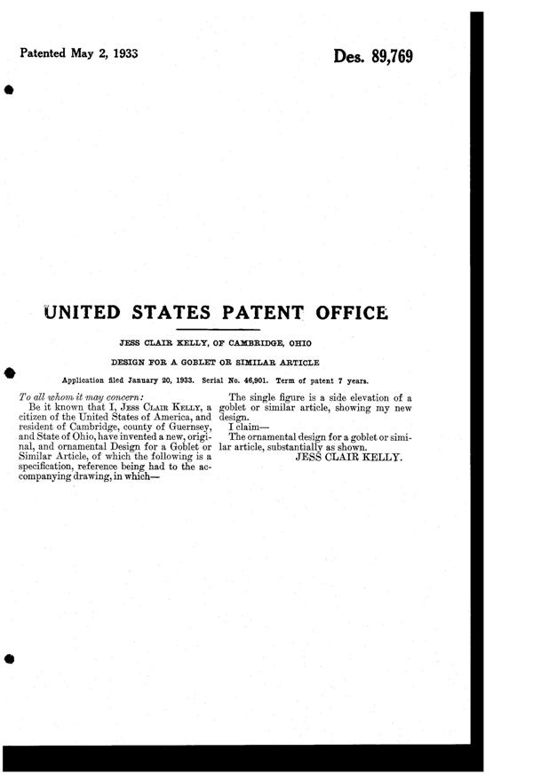 Cambridge #3500 Gadroon Goblet Design Patent D 89769-2