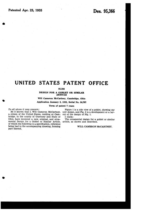 Cambridge Rose Point Etch on #3500 Goblet Design Patent D 95366-2