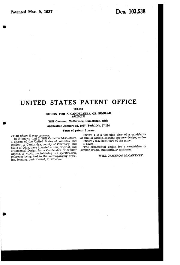 Cambridge # 502, #1616 Pristine 2-Light Candlestick Design Patent D103538-2