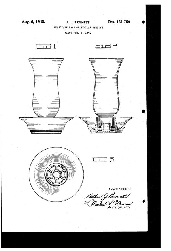Cambridge #1604 Hurricane Lamp Design Patent D121759-1
