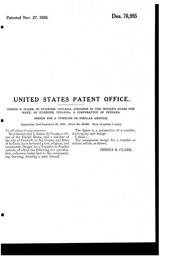 Indiana # 304 Soda Fountain Tumbler Design Patent D 76985-2
