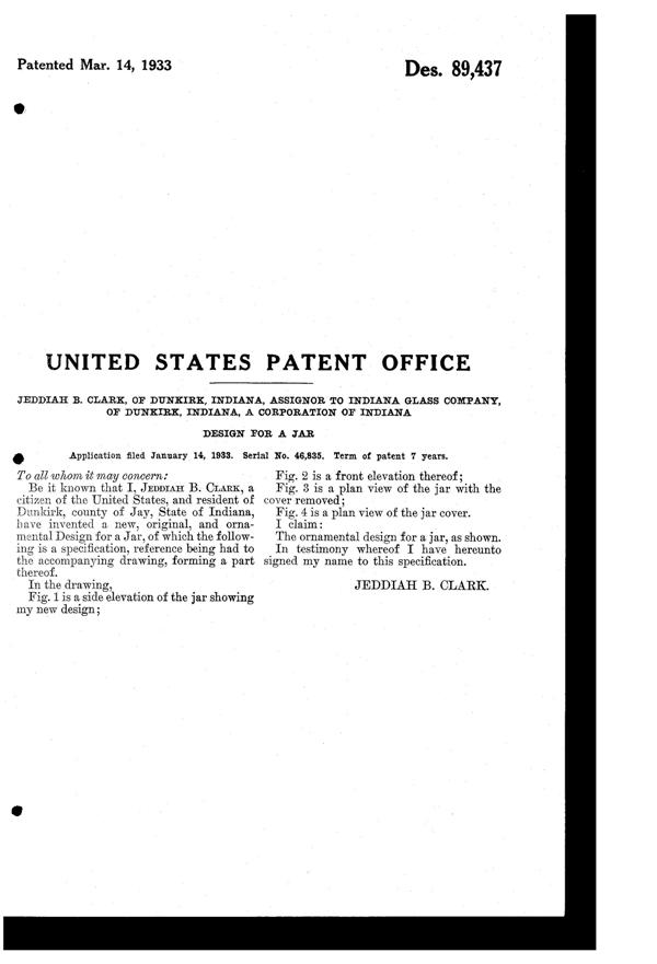 Indiana # 500 Jar Design Patent D 89437-2