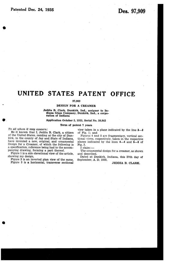 Indiana # 300 Constellation Creamer Design Patent D 97909-2