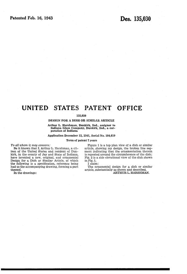 Indiana # 622 Pretzel Dish Design Patent D135030-2